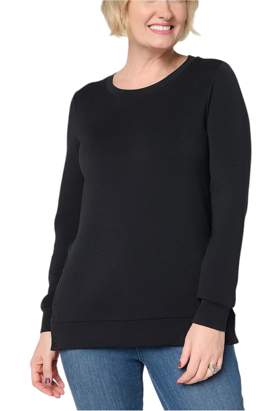 Belle by Kim Gravel ScubaLuxe Crewneck with Side Snaps Black - Regular